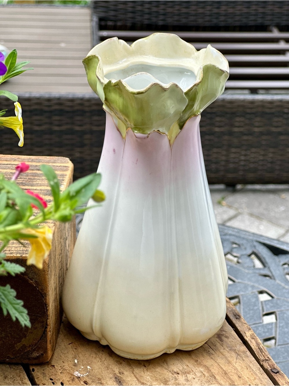 Antique Art Nouveau Floral Pitcher Pink  and Green Lily Blossom Form 1900 1920 - Picture 7 of 11